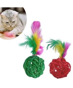 BUFFER® 2li Rattan Renkli Peluş Tüy Kedi Köpek Oyuncak Yakalama Çiğneme Çıngıraklı Top Oyuncağı