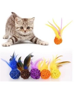 BUFFER® 2li Rattan Renkli Peluş Tüy Kedi Köpek Oyuncak Yakalama Çiğneme Çıngıraklı Top Oyuncağı