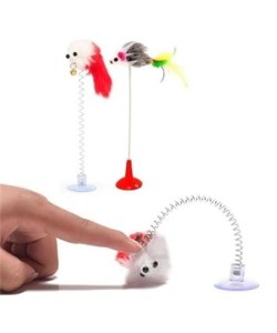 BUFFER® 2li Vantuzlu Fareli Tüylü Hareketli Çanlı ve Esneyen Eğlenceli Peluş Kedi Oyuncağı