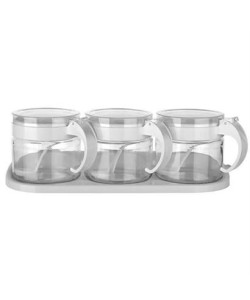 BUFFER®  Beyaz 3lü Standlı Kapaklı Kaşıklı Cam Hava Sızdırmaz Baharatlık Takımı KC-386