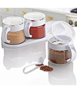 BUFFER®  Beyaz 3lü Standlı Kapaklı Kaşıklı Cam Hava Sızdırmaz Baharatlık Takımı KC-386