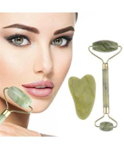 BUFFER® Çift Taraflı 2li Cilt Yüz Masaj Aleti Jade Roller Yeşim  Taşı Seti
