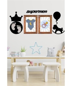 BUFFER® DECO103 Supermen Dekoratif Duvar Süsü Tablo Aksesuar Ahşap Tasarım Hediye Pano Sticker Seti