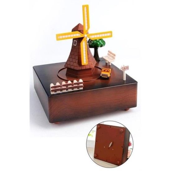 BUFFER® Dekoratif Mandallı Kurmalı Hareketli Arabalı Sesli Değirmen Müzik Kutusu