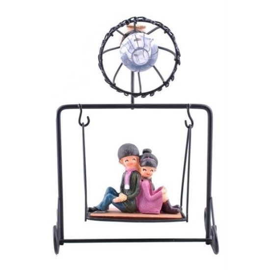 BUFFER® Işıklı Salıncakta Romantk Genç Aşıklar Dekoratif Ahşap Biblo
