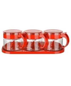 BUFFER®  Kırmızı 3lü Standlı Kapaklı Kaşıklı Cam Hava Sızdırmaz Baharatlık Takımı  KC-386