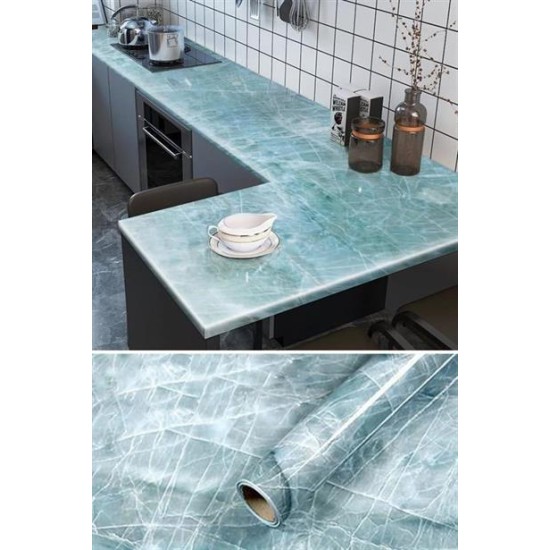 BUFFER® Mermer Desenli Masa Tezgah Mutfak Su Geçirmez Yapışkanlı Folyo Sticker Mavi 5x0,6m