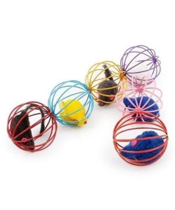 BUFFER® Renkli Metal Kafesli Peluş Fareli Kedi Köpek Oyuncağı Oyun Topu 6 cm