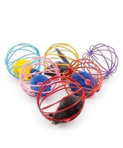 BUFFER® Renkli Metal Kafesli Peluş Fareli Kedi Köpek Oyuncağı Oyun Topu 6 cm