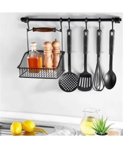 BUFFER® Retro Ferforje Askılı Siyah  Ahşap Kulplu Düzenleyici Mutfak Sepeti