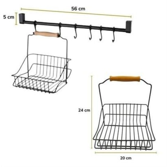 BUFFER® Retro Ferforje Askılı Siyah  Ahşap Kulplu Düzenleyici Mutfak Sepeti