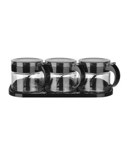 BUFFER®  Siyah 3lü Standlı Kapaklı Kaşıklı Cam Hava Sızdırmaz Baharatlık Takımı KC-386