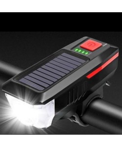 BUFFER® Solar Enerjili USB ile Şarj Edilebilir Ledli Bisiklet Feneri Kornalı ve Su Geçirmez Far